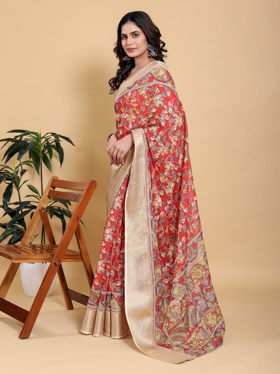 Vibrant Red Kalamkari Saree with Luxurious Gold Zari Border | Premium Jacquard Patta Linen Cotton Saree