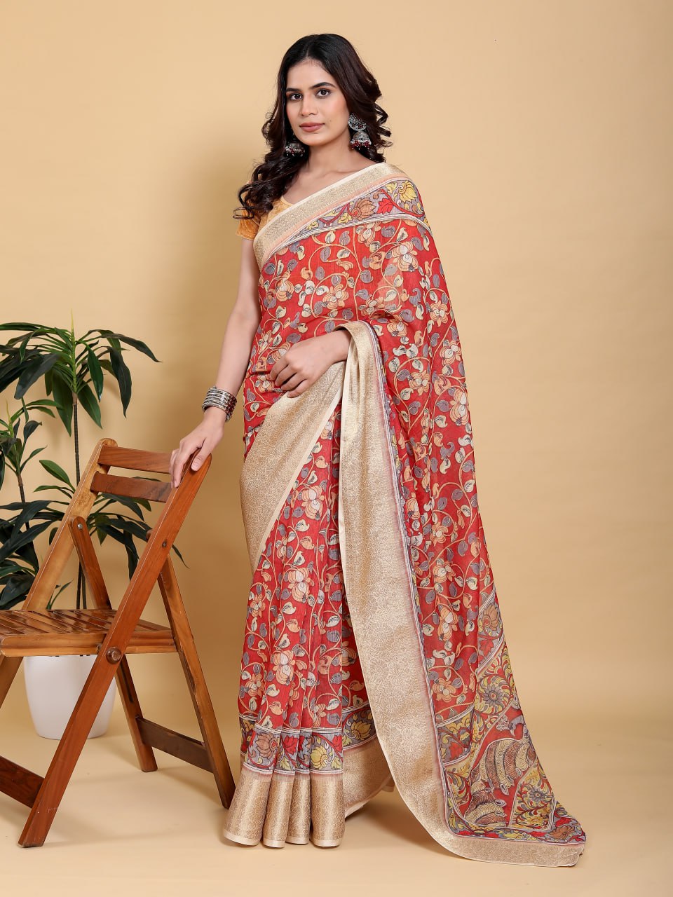 Vibrant Red Kalamkari Saree with Luxurious Gold Zari Border | Premium Jacquard Patta Linen Cotton Saree