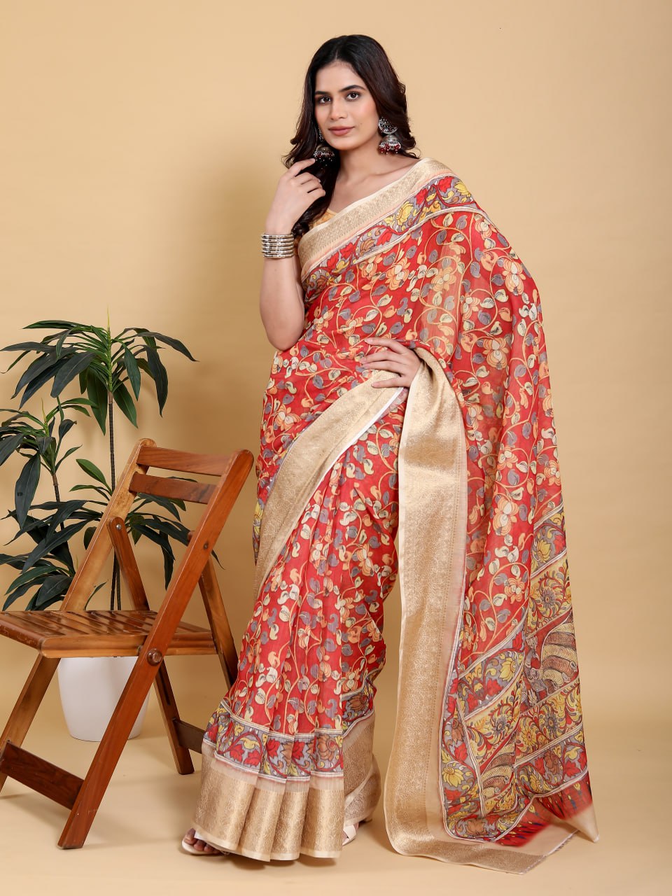 Vibrant Red Kalamkari Saree with Luxurious Gold Zari Border | Premium Jacquard Patta Linen Cotton Saree
