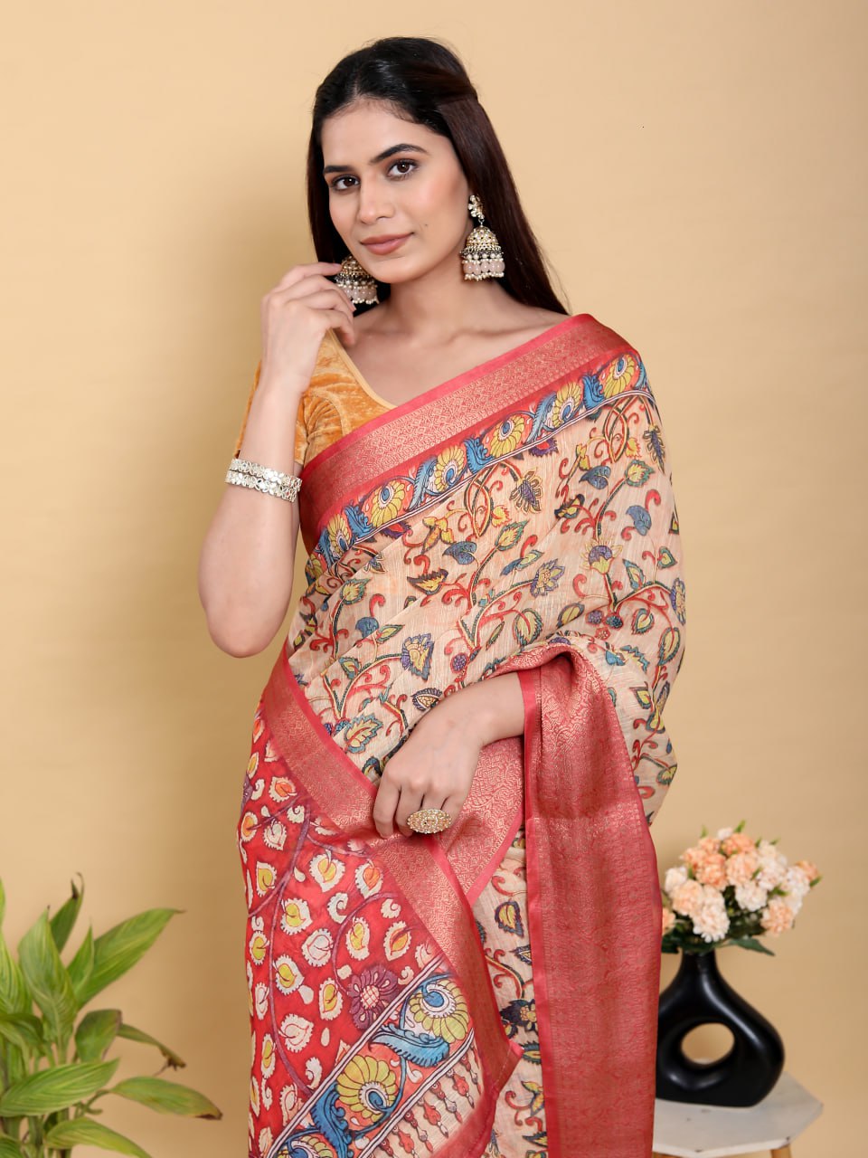 Artistic Kalamkari Linen Cotton Saree with Deep Red Zari Border | Premium Jacquard Patta Saree