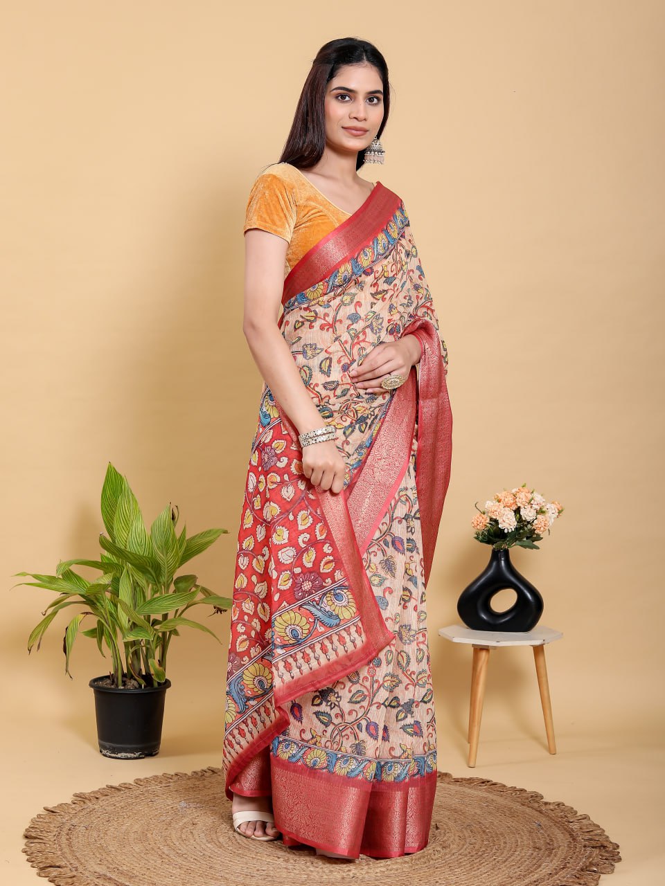 Artistic Kalamkari Linen Cotton Saree with Deep Red Zari Border | Premium Jacquard Patta Saree
