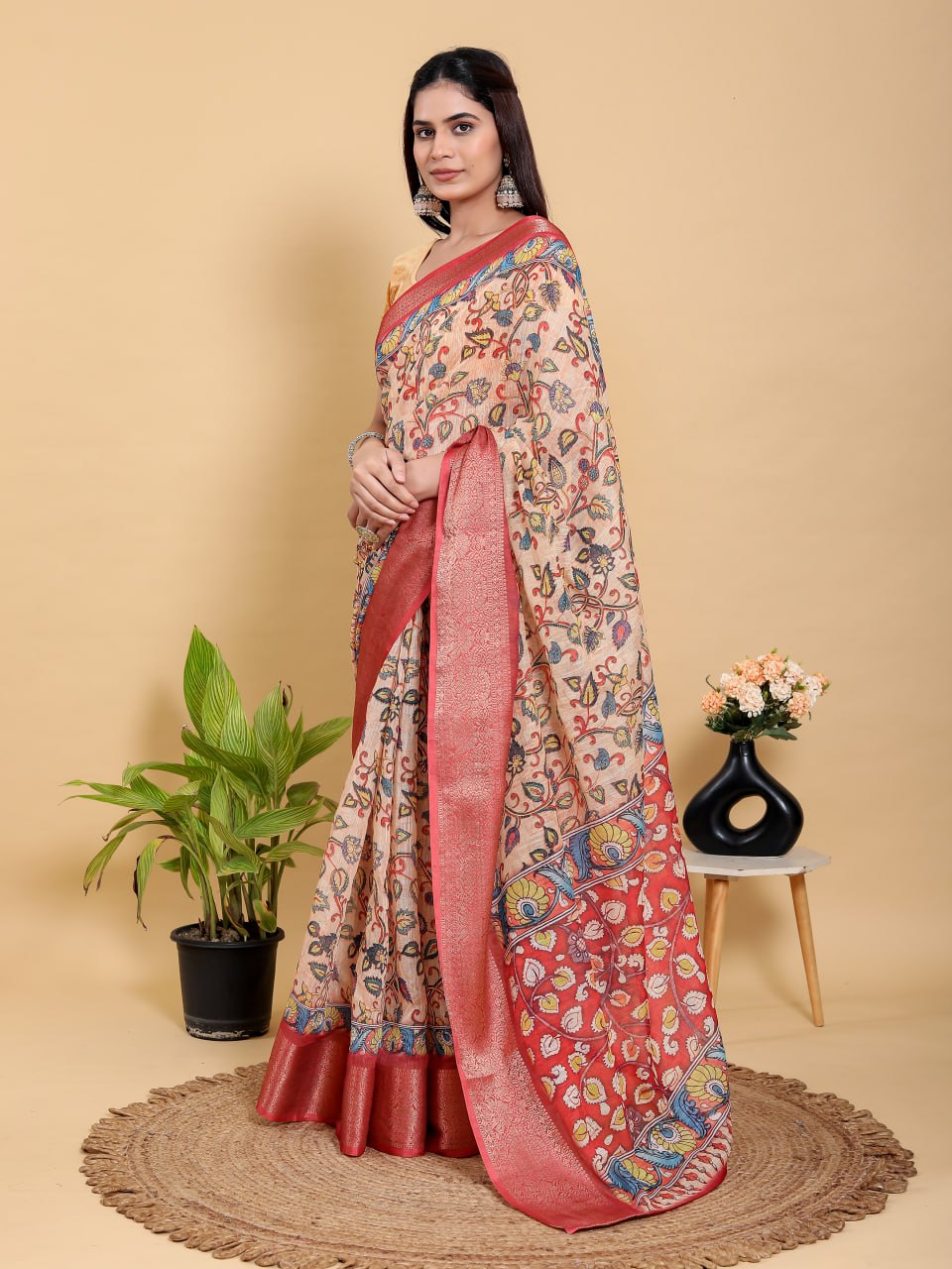Artistic Kalamkari Linen Cotton Saree with Deep Red Zari Border | Premium Jacquard Patta Saree