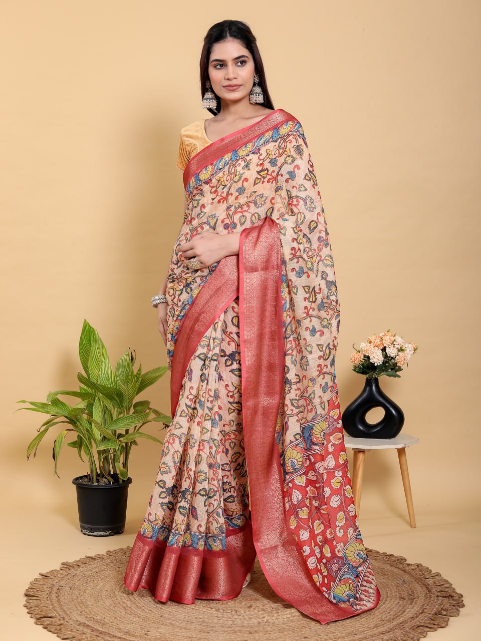 Artistic Kalamkari Linen Cotton Saree with Deep Red Zari Border | Premium Jacquard Patta Saree