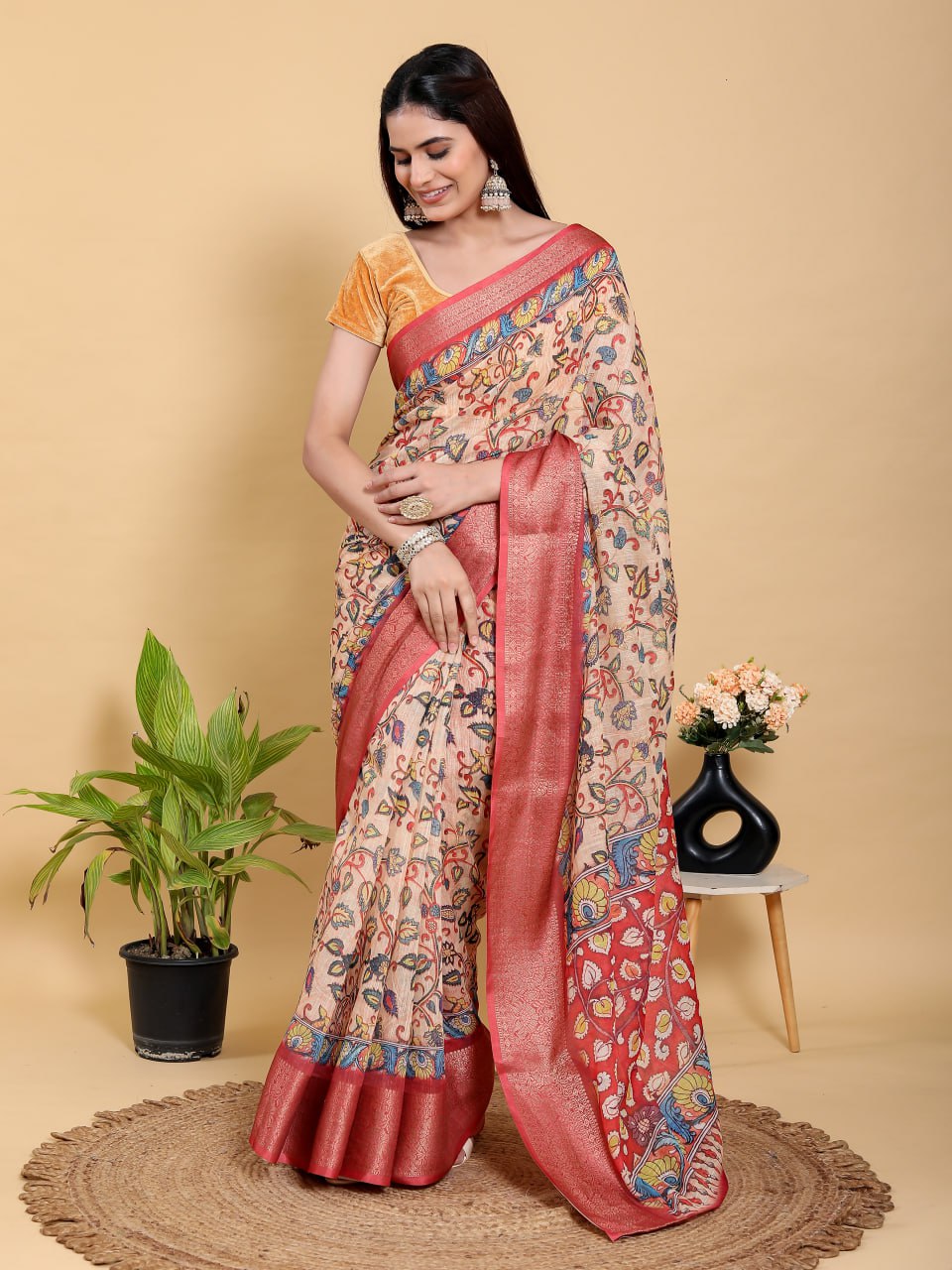 Artistic Kalamkari Linen Cotton Saree with Deep Red Zari Border | Premium Jacquard Patta Saree