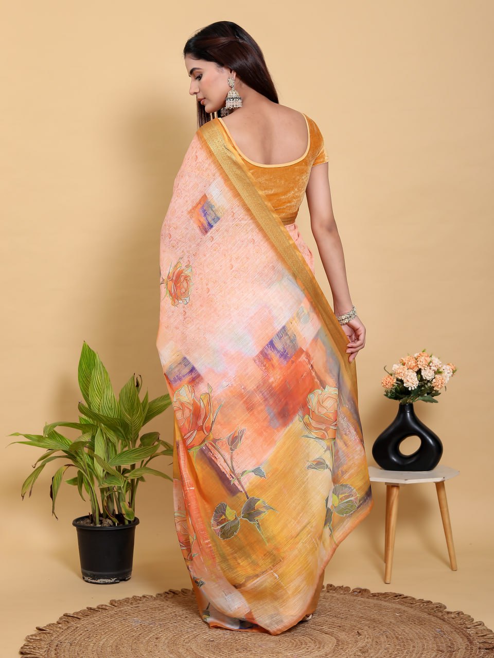 Abstract Peach & Gold Floral Linen Cotton Saree | Jacquard Patta Saree with Antique Gold Border