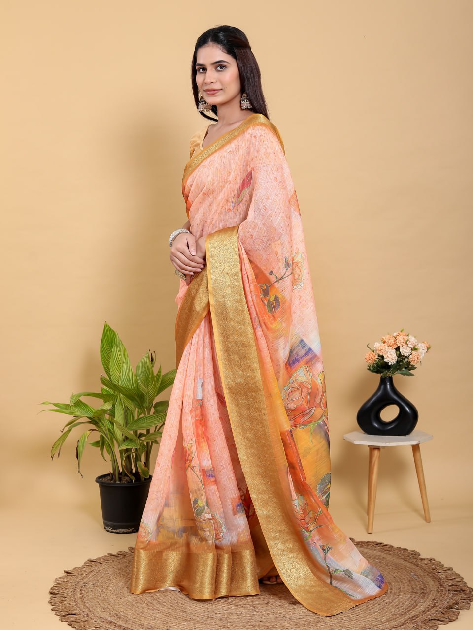 Abstract Peach & Gold Floral Linen Cotton Saree | Jacquard Patta Saree with Antique Gold Border