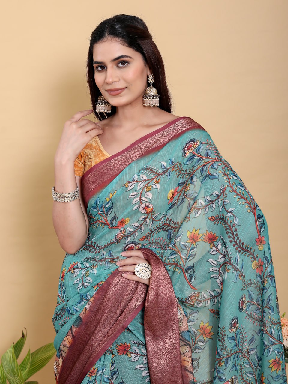 Aqua Teal Peacock Print Linen Cotton Saree | Jacquard Patta Saree with Deep Maroon Zari Border
