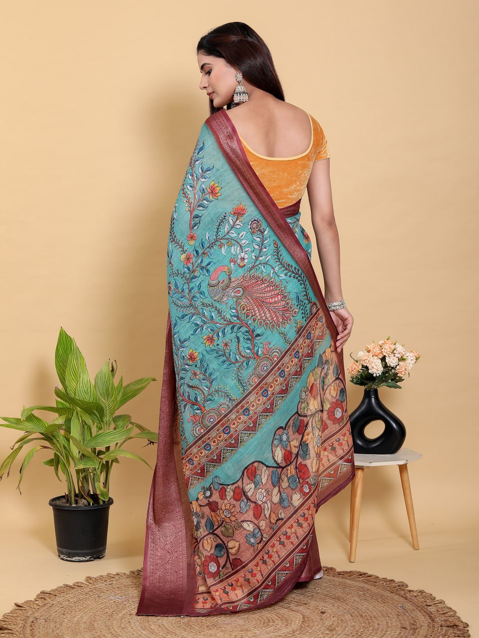 Aqua Teal Peacock Print Linen Cotton Saree | Jacquard Patta Saree with Deep Maroon Zari Border