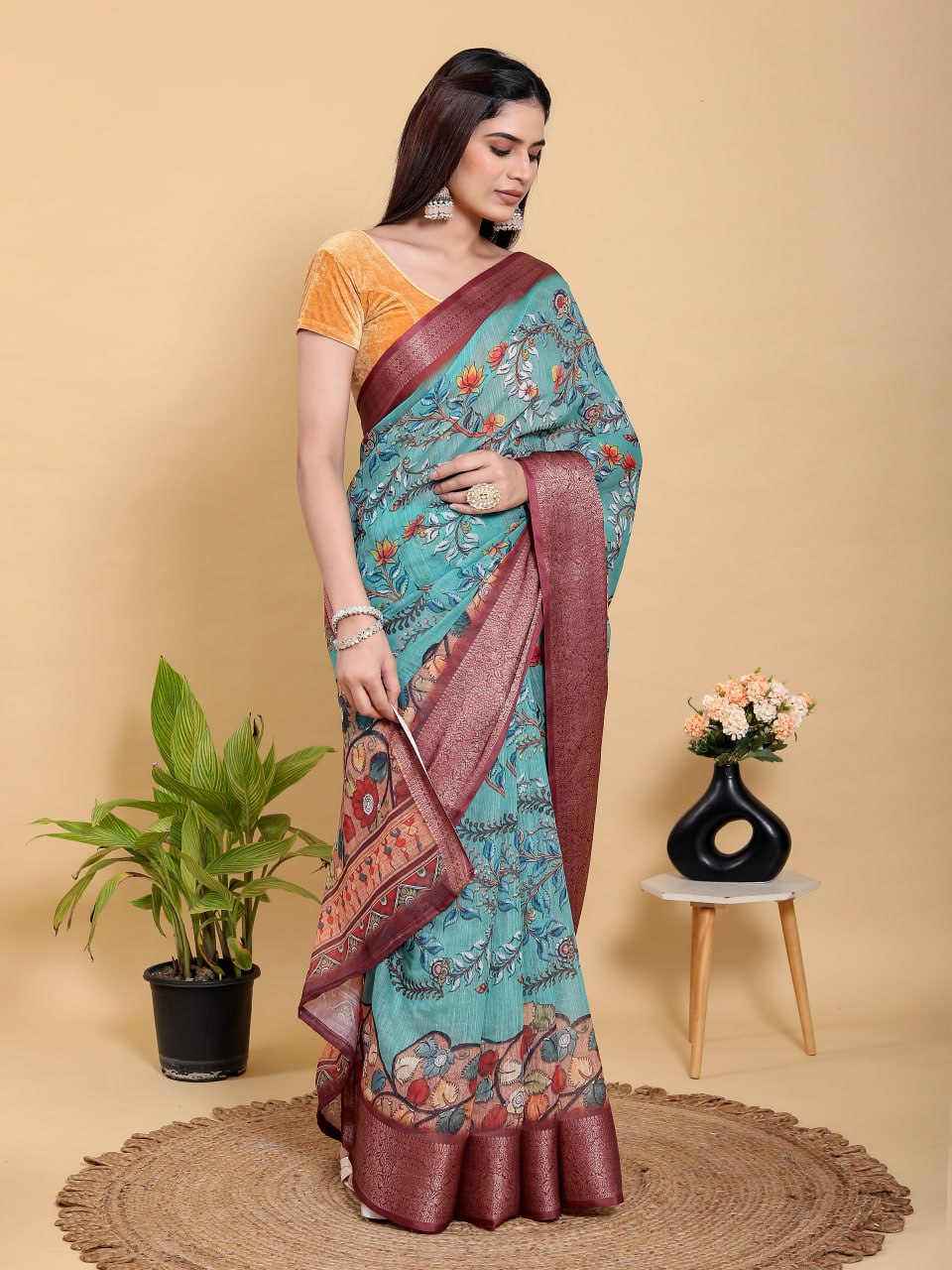 Aqua Teal Peacock Print Linen Cotton Saree | Jacquard Patta Saree with Deep Maroon Zari Border
