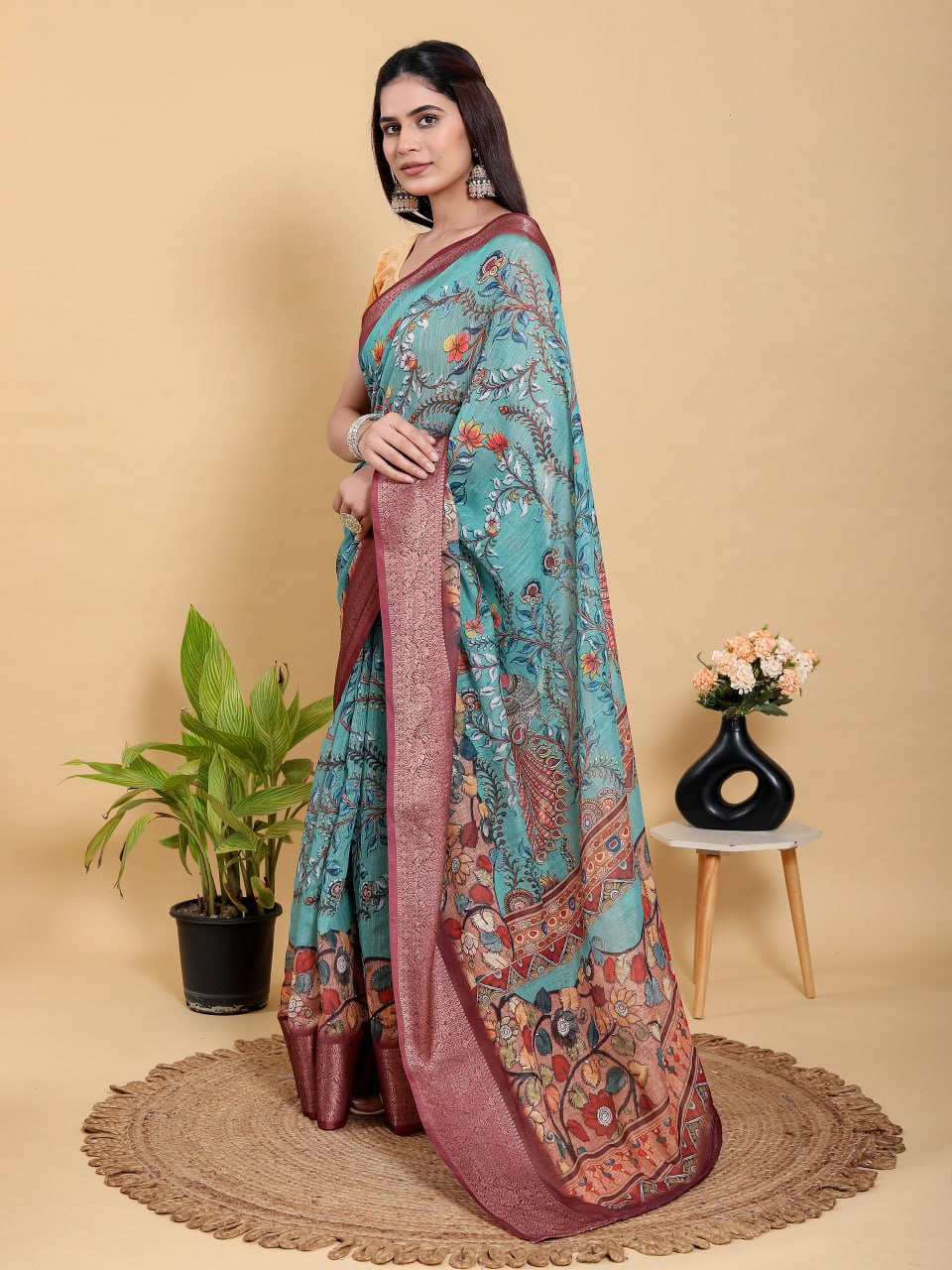 Aqua Teal Peacock Print Linen Cotton Saree | Jacquard Patta Saree with Deep Maroon Zari Border