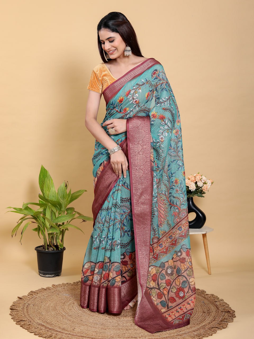 Aqua Teal Peacock Print Linen Cotton Saree | Jacquard Patta Saree with Deep Maroon Zari Border