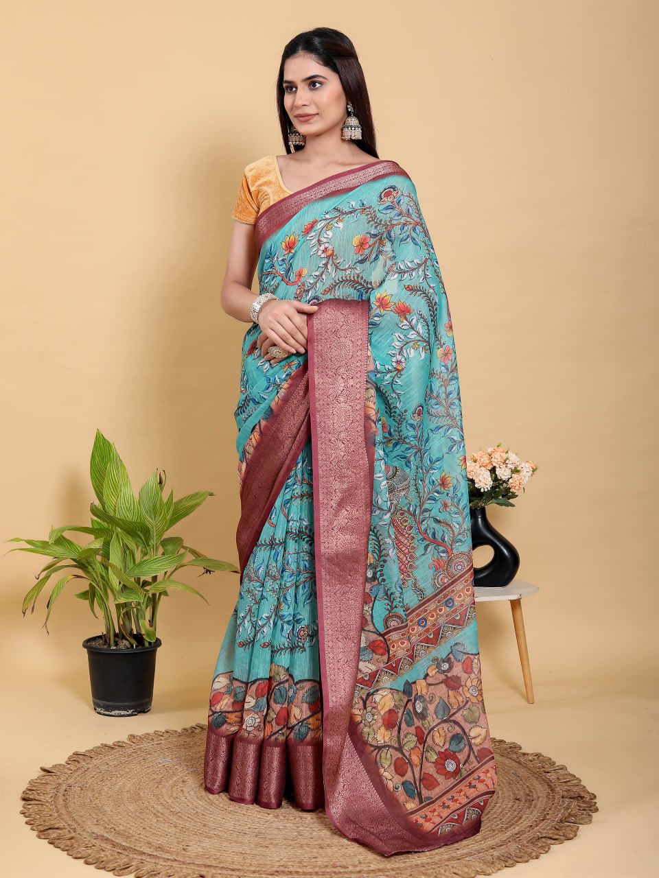 Aqua Teal Peacock Print Linen Cotton Saree | Jacquard Patta Saree with Deep Maroon Zari Border