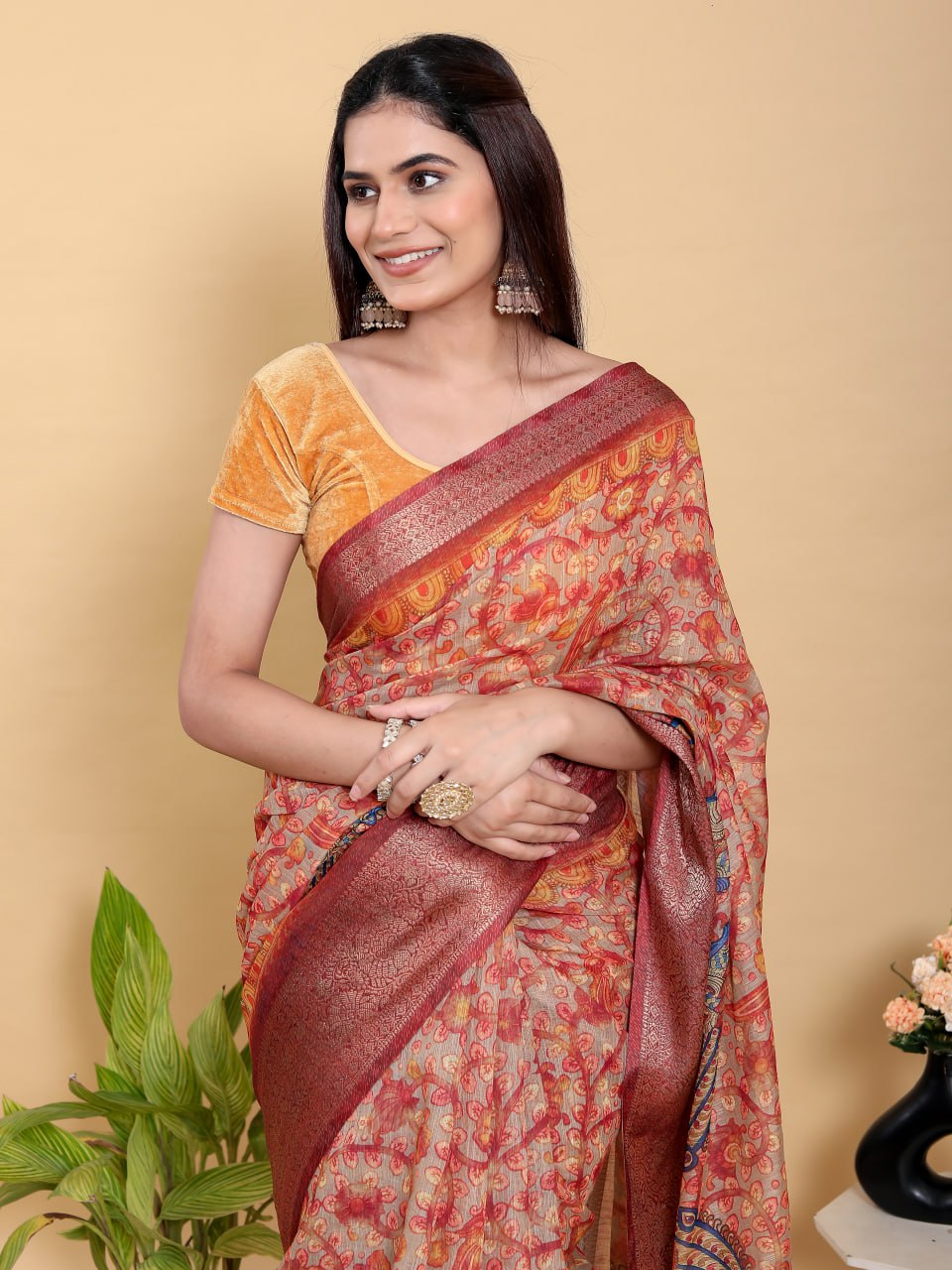 Vibrant Red Peacock Print Linen Cotton Saree | Jacquard Patta Saree with Maroon Zari Border