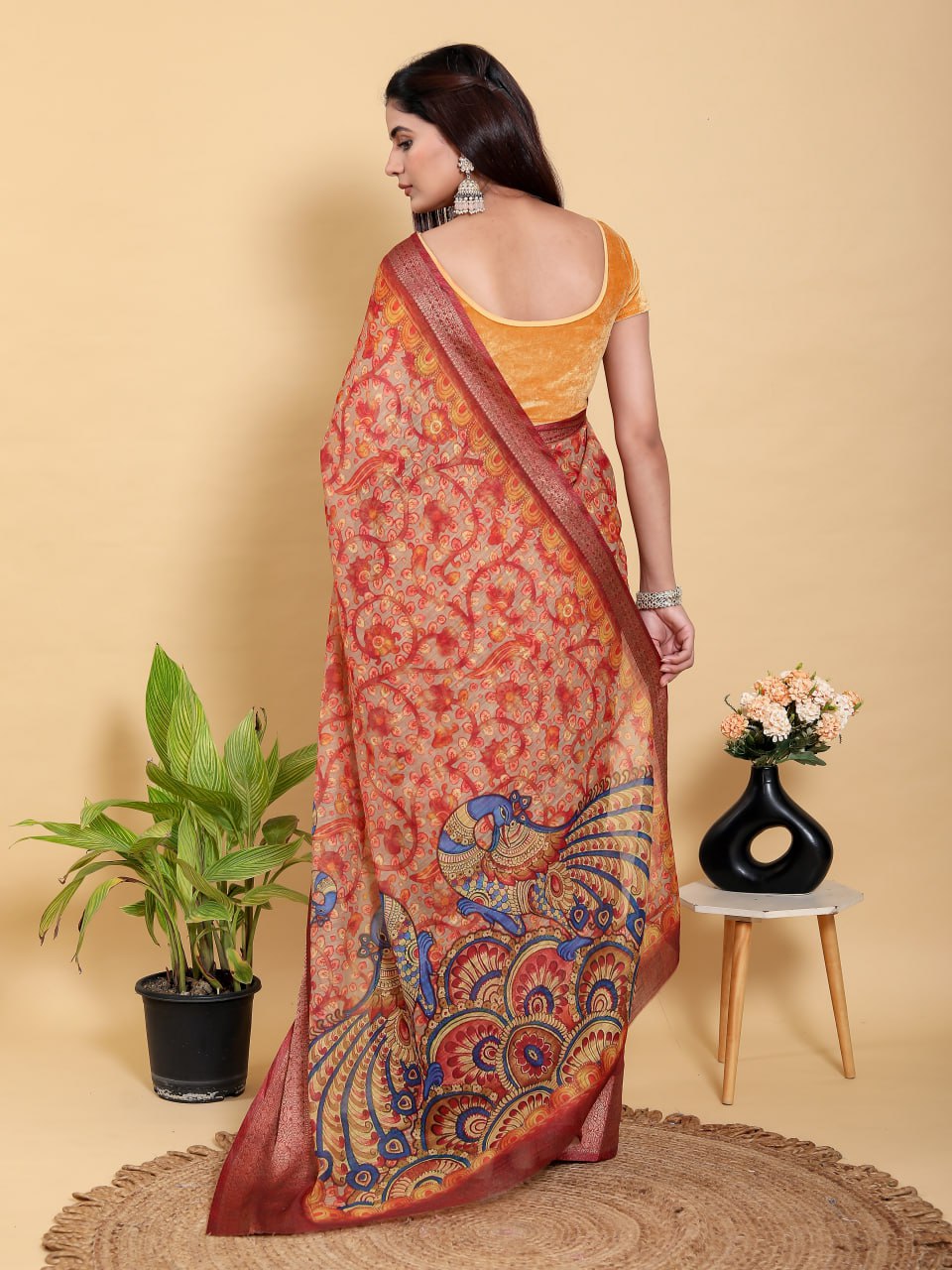 Vibrant Red Peacock Print Linen Cotton Saree | Jacquard Patta Saree with Maroon Zari Border