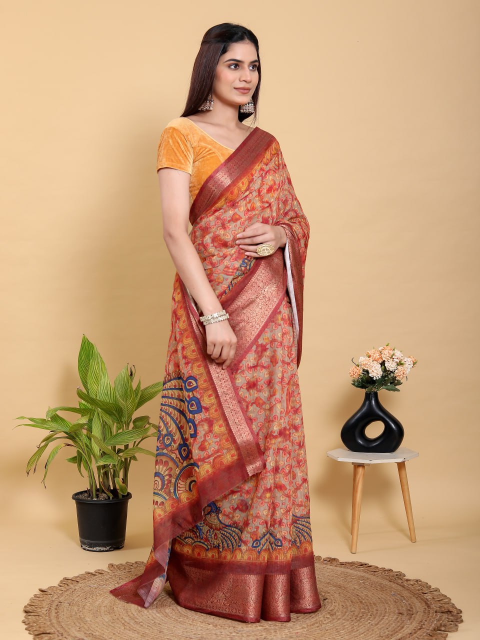 Vibrant Red Peacock Print Linen Cotton Saree | Jacquard Patta Saree with Maroon Zari Border