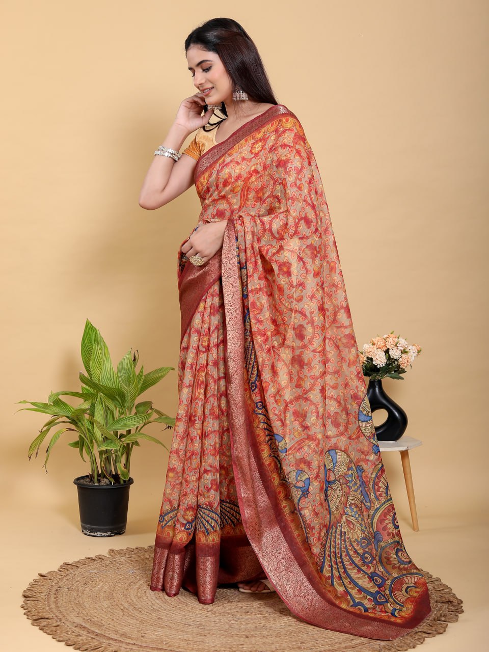 Vibrant Red Peacock Print Linen Cotton Saree | Jacquard Patta Saree with Maroon Zari Border
