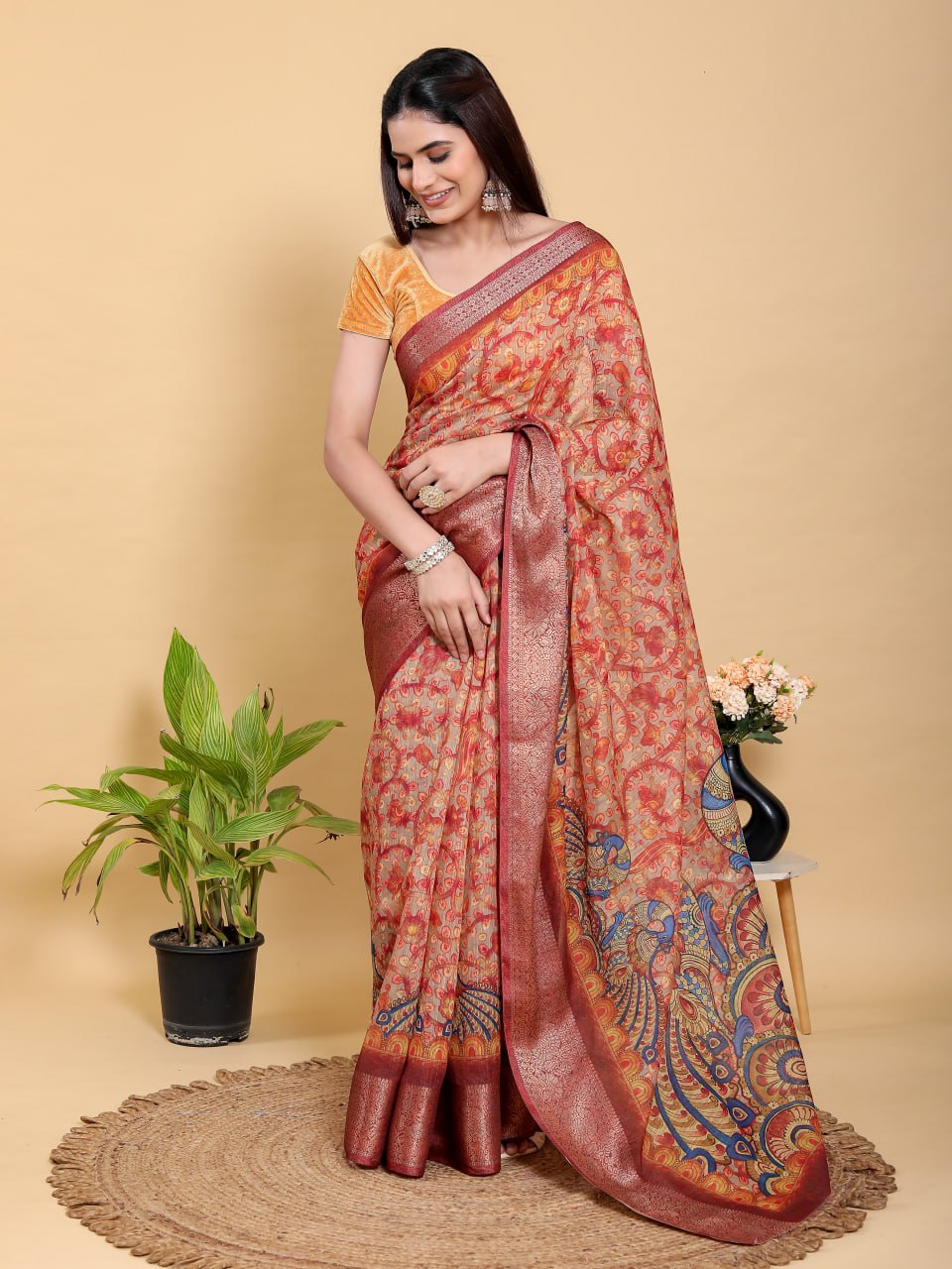 Vibrant Red Peacock Print Linen Cotton Saree | Jacquard Patta Saree with Maroon Zari Border