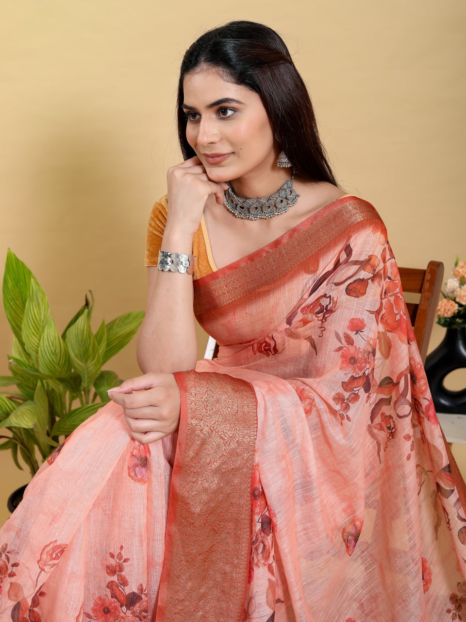 Peach-Orange Floral Print Linen Cotton Saree | Jacquard Patta Saree with Copper-Gold Border
