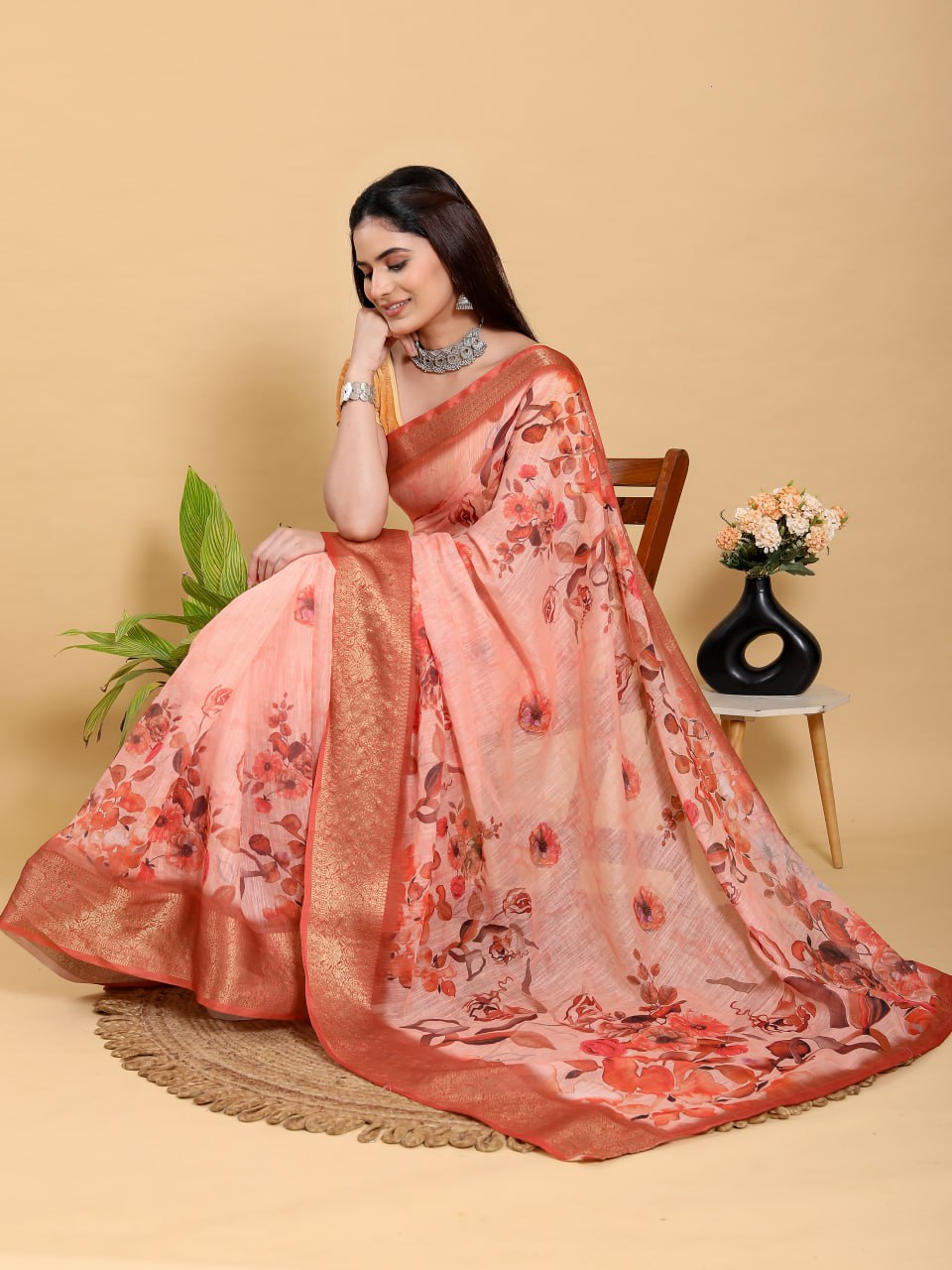 Peach-Orange Floral Print Linen Cotton Saree | Jacquard Patta Saree with Copper-Gold Border