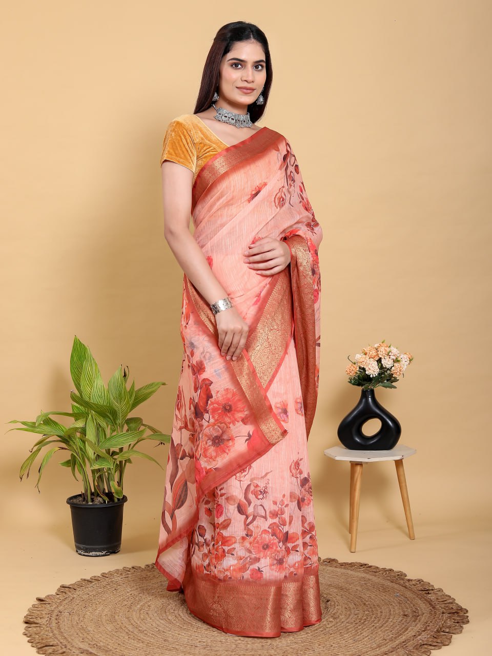 Peach-Orange Floral Print Linen Cotton Saree | Jacquard Patta Saree with Copper-Gold Border