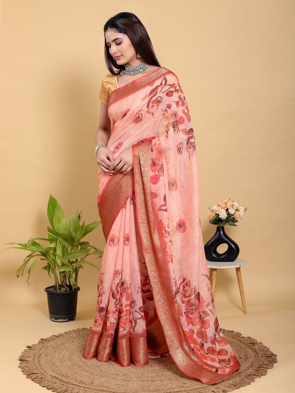Peach-Orange Floral Print Linen Cotton Saree | Jacquard Patta Saree with Copper-Gold Border