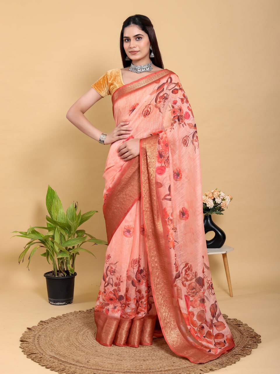 Peach-Orange Floral Print Linen Cotton Saree | Jacquard Patta Saree with Copper-Gold Border