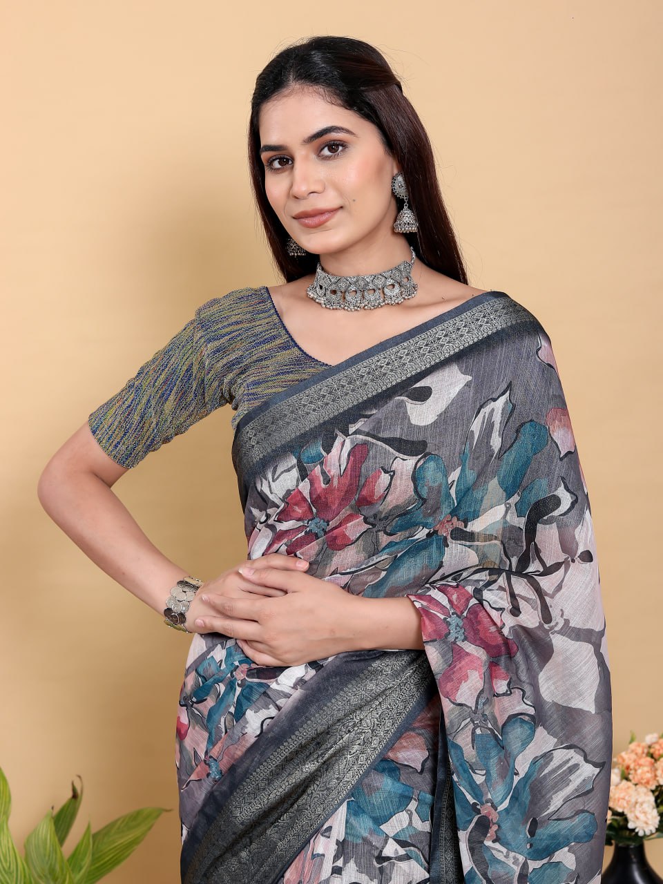 Abstract Grey & Black Floral Linen Cotton Saree | Modern Jacquard Patta Saree with Charcoal Metallic Border