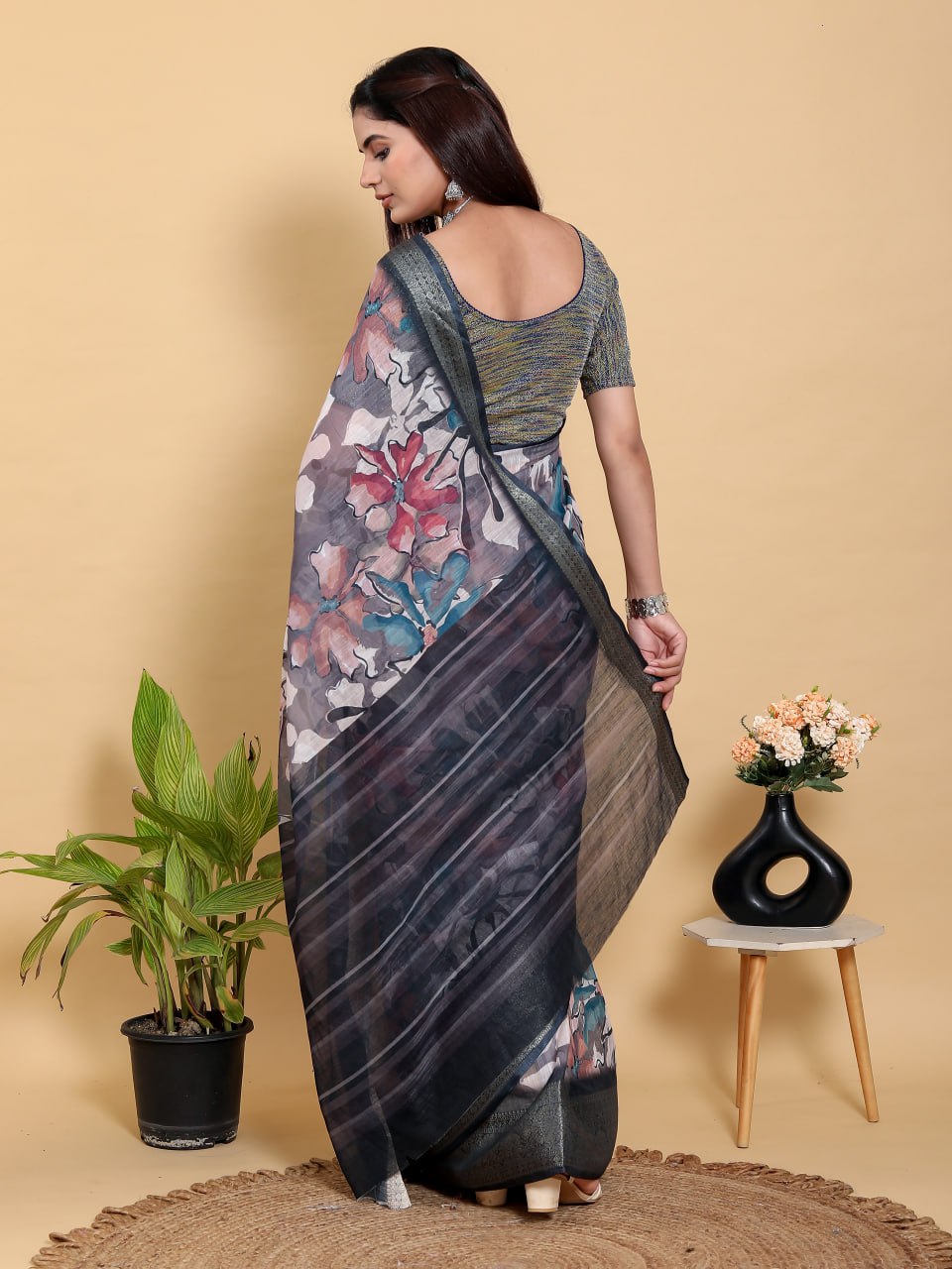 Abstract Grey & Black Floral Linen Cotton Saree | Modern Jacquard Patta Saree with Charcoal Metallic Border