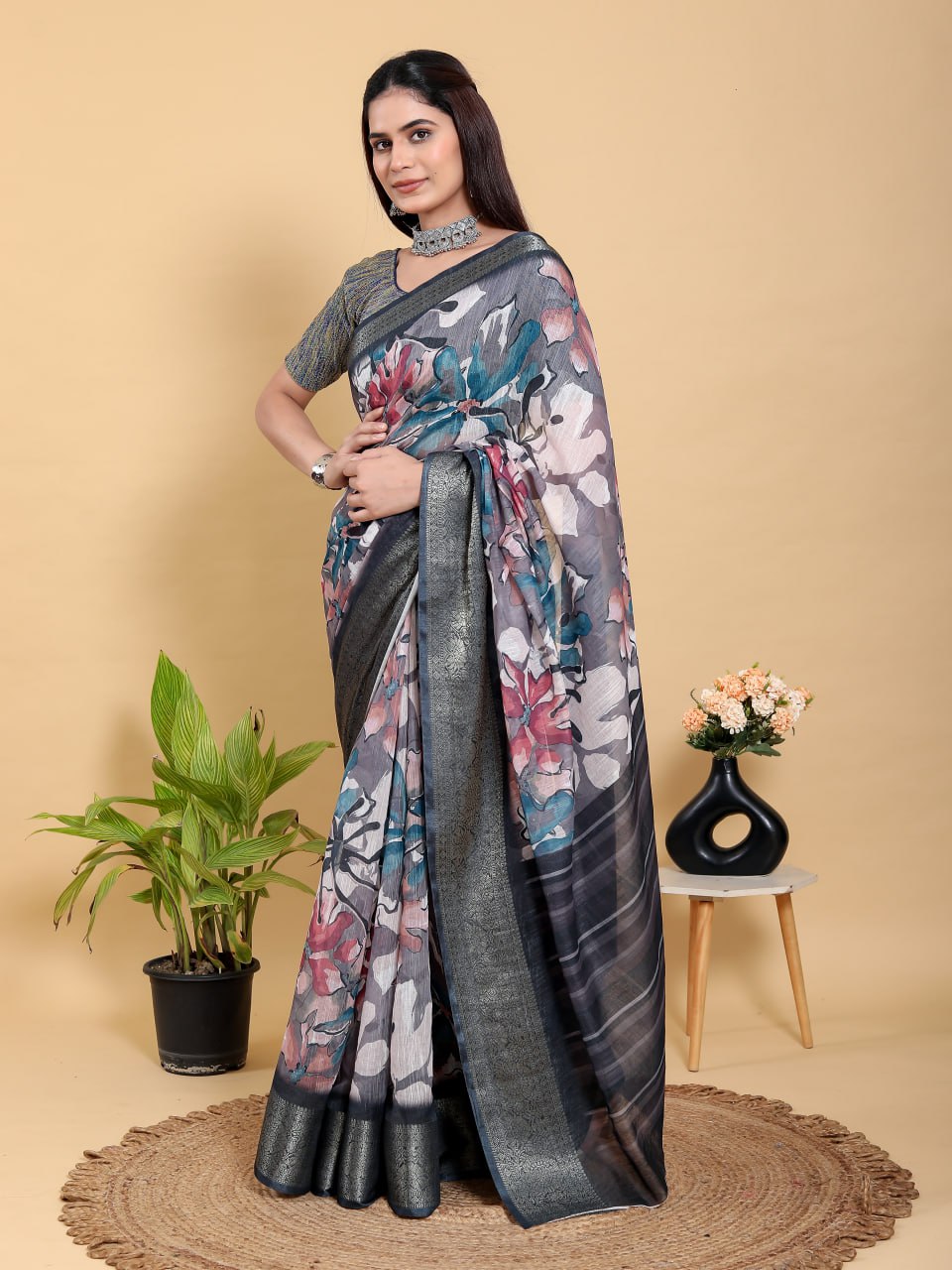 Abstract Grey & Black Floral Linen Cotton Saree | Modern Jacquard Patta Saree with Charcoal Metallic Border
