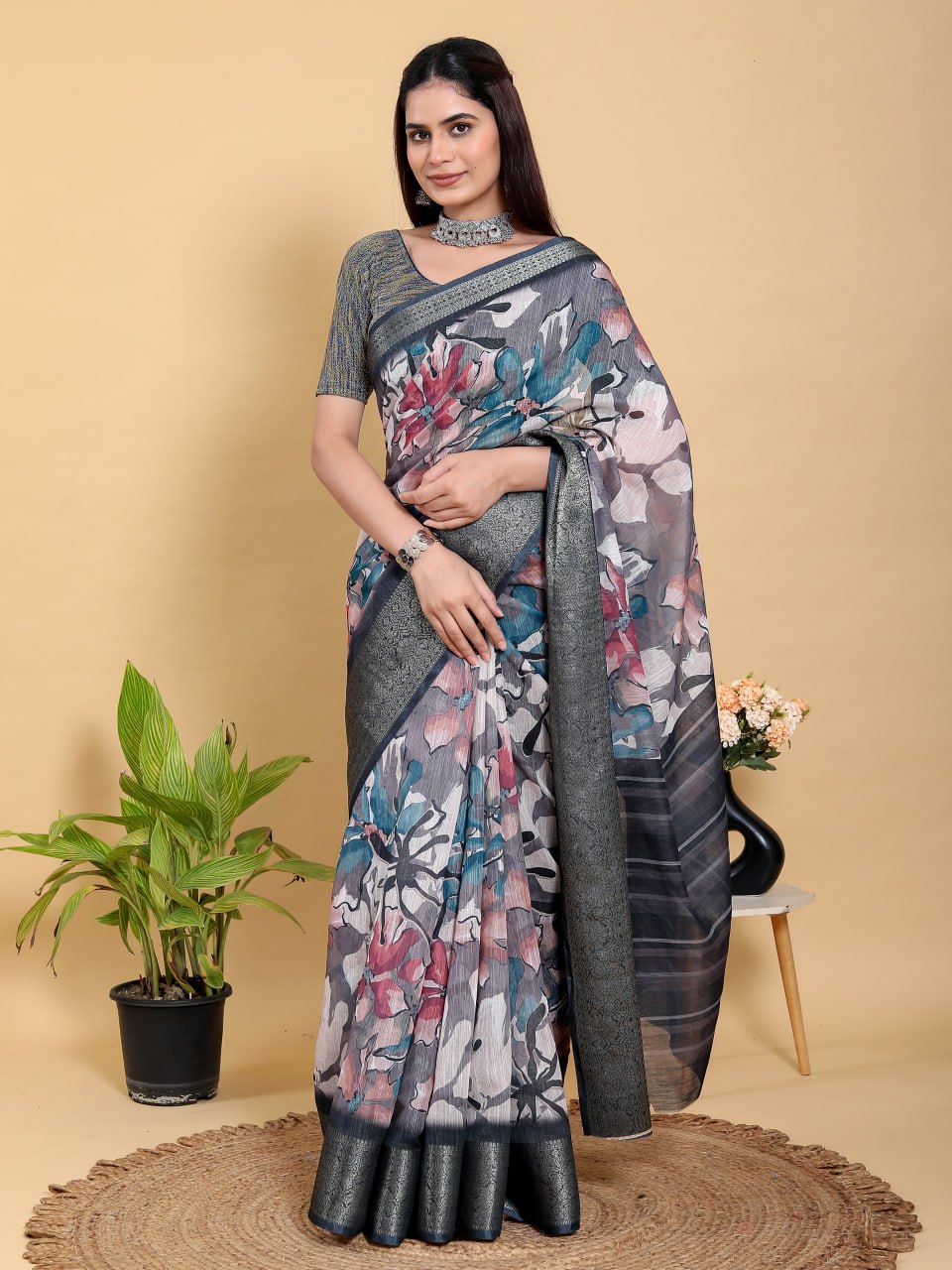 Abstract Grey & Black Floral Linen Cotton Saree | Modern Jacquard Patta Saree with Charcoal Metallic Border