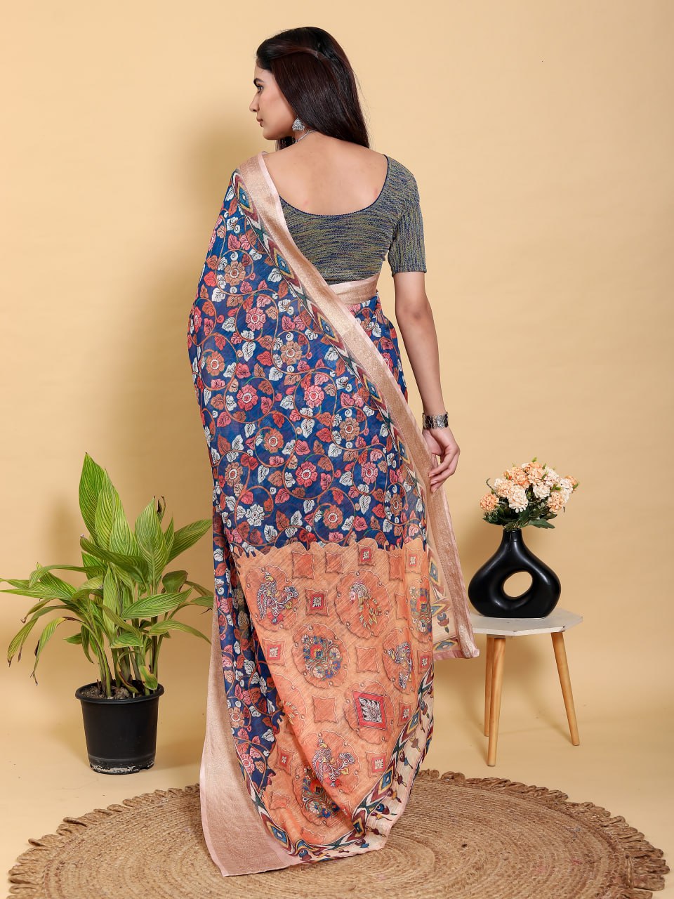 Artistic Navy & Copper Floral Linen Cotton Saree | Jacquard Patta with Metallic Block Print Pallu