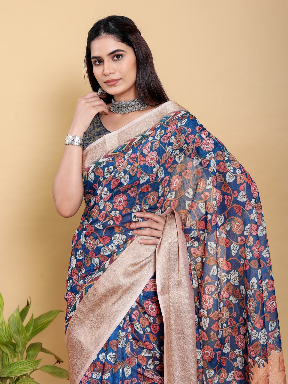 Artistic Navy & Copper Floral Linen Cotton Saree | Jacquard Patta with Metallic Block Print Pallu