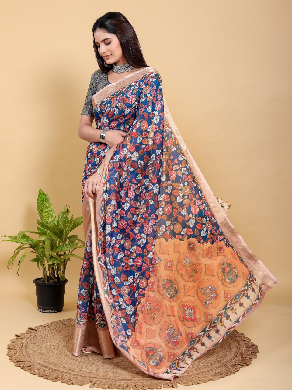 Artistic Navy & Copper Floral Linen Cotton Saree | Jacquard Patta with Metallic Block Print Pallu