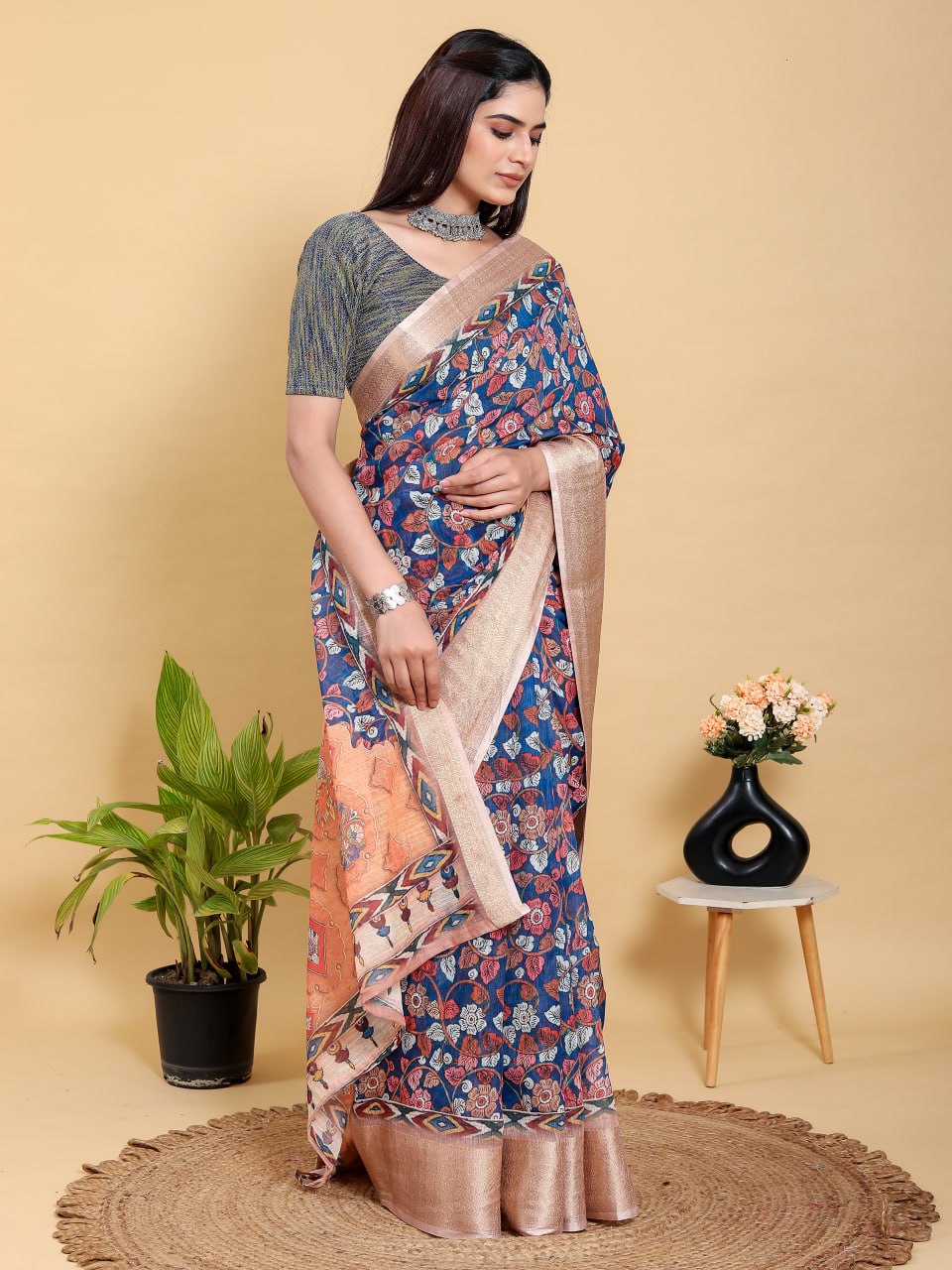 Artistic Navy & Copper Floral Linen Cotton Saree | Jacquard Patta with Metallic Block Print Pallu