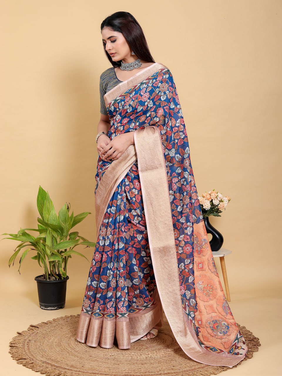 Artistic Navy & Copper Floral Linen Cotton Saree | Jacquard Patta with Metallic Block Print Pallu