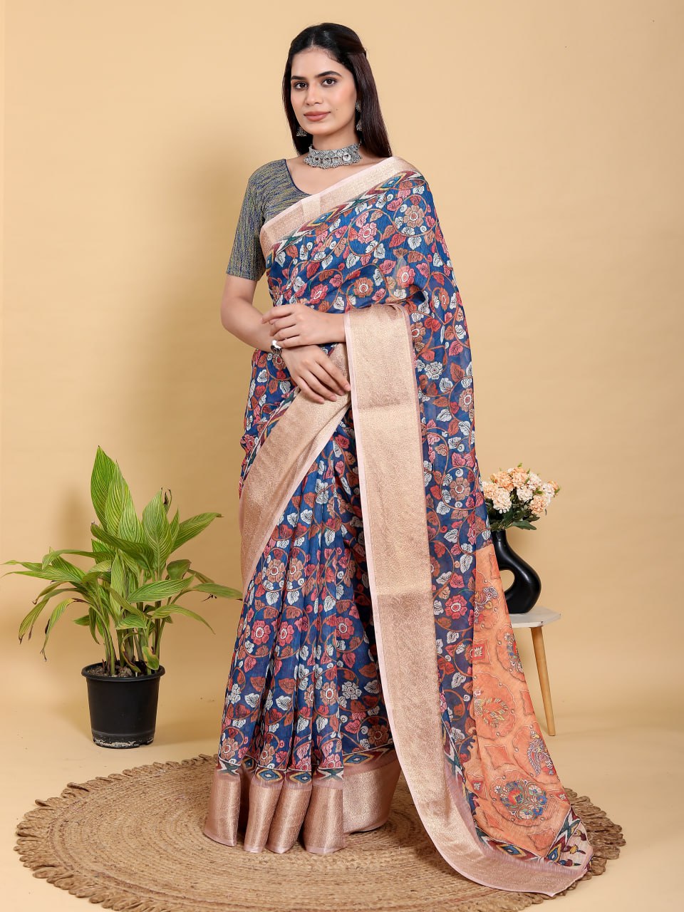 Artistic Navy & Copper Floral Linen Cotton Saree | Jacquard Patta with Metallic Block Print Pallu