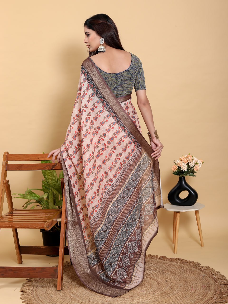 Elegant Beige Floral Print Linen Cotton Saree | Jacquard Patta with Dark Brown Metallic Border