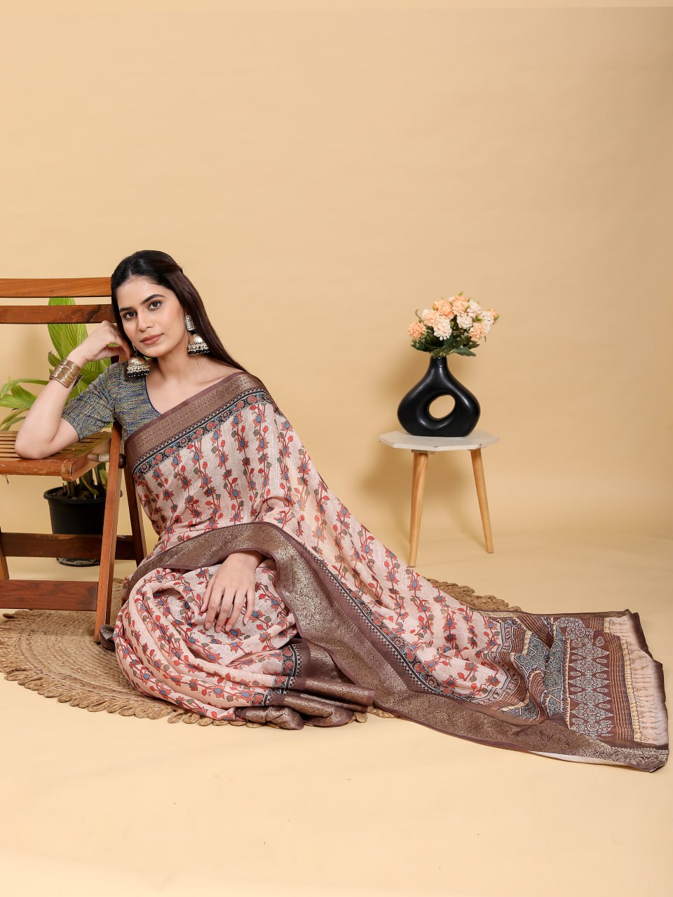Elegant Beige Floral Print Linen Cotton Saree | Jacquard Patta with Dark Brown Metallic Border