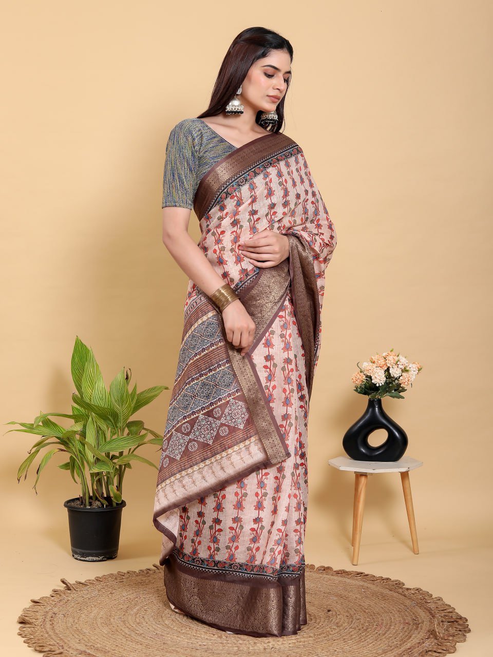 Elegant Beige Floral Print Linen Cotton Saree | Jacquard Patta with Dark Brown Metallic Border