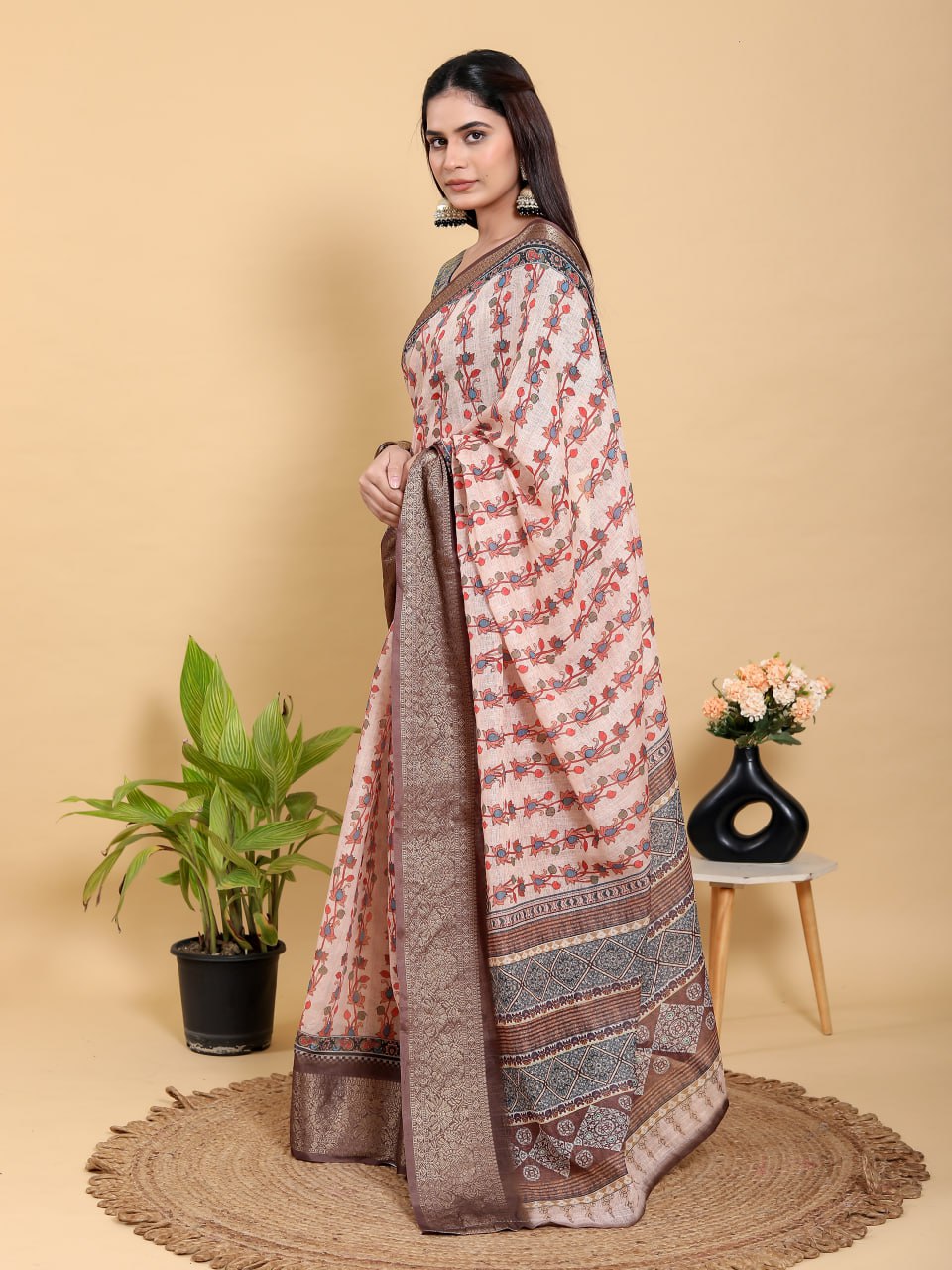 Elegant Beige Floral Print Linen Cotton Saree | Jacquard Patta with Dark Brown Metallic Border