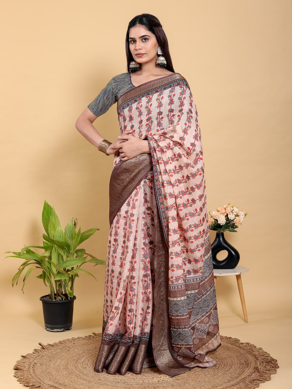 Elegant Beige Floral Print Linen Cotton Saree | Jacquard Patta with Dark Brown Metallic Border
