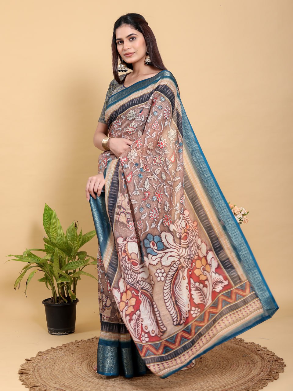 Heritage Brown & Teal Artistic Linen Cotton Saree | Kalamkari/Pichwai Style with Jacquard Border