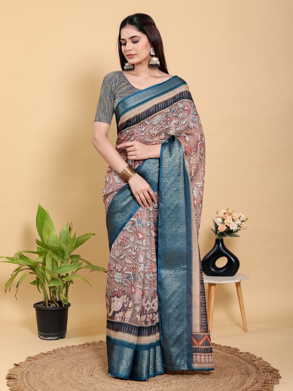 Heritage Brown & Teal Artistic Linen Cotton Saree | Kalamkari/Pichwai Style with Jacquard Border