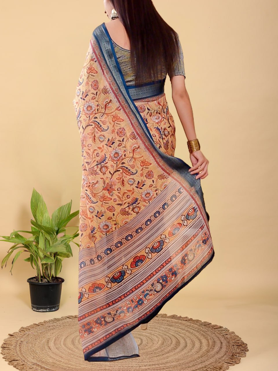 Artistic Mustard & Blue Floral Linen Cotton Saree | Kalamkari-Inspired with Jacquard Border