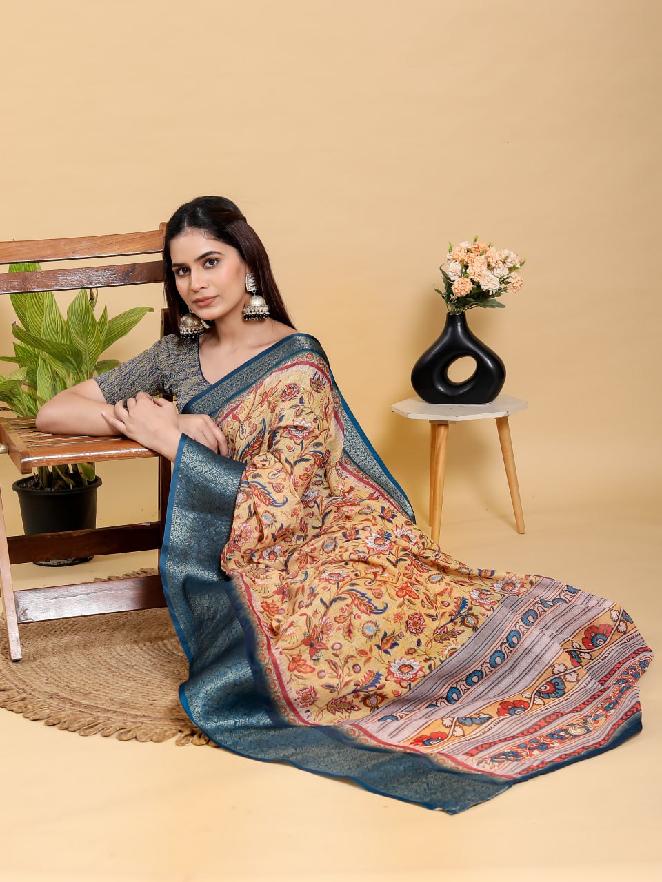 Artistic Mustard & Blue Floral Linen Cotton Saree | Kalamkari-Inspired with Jacquard Border