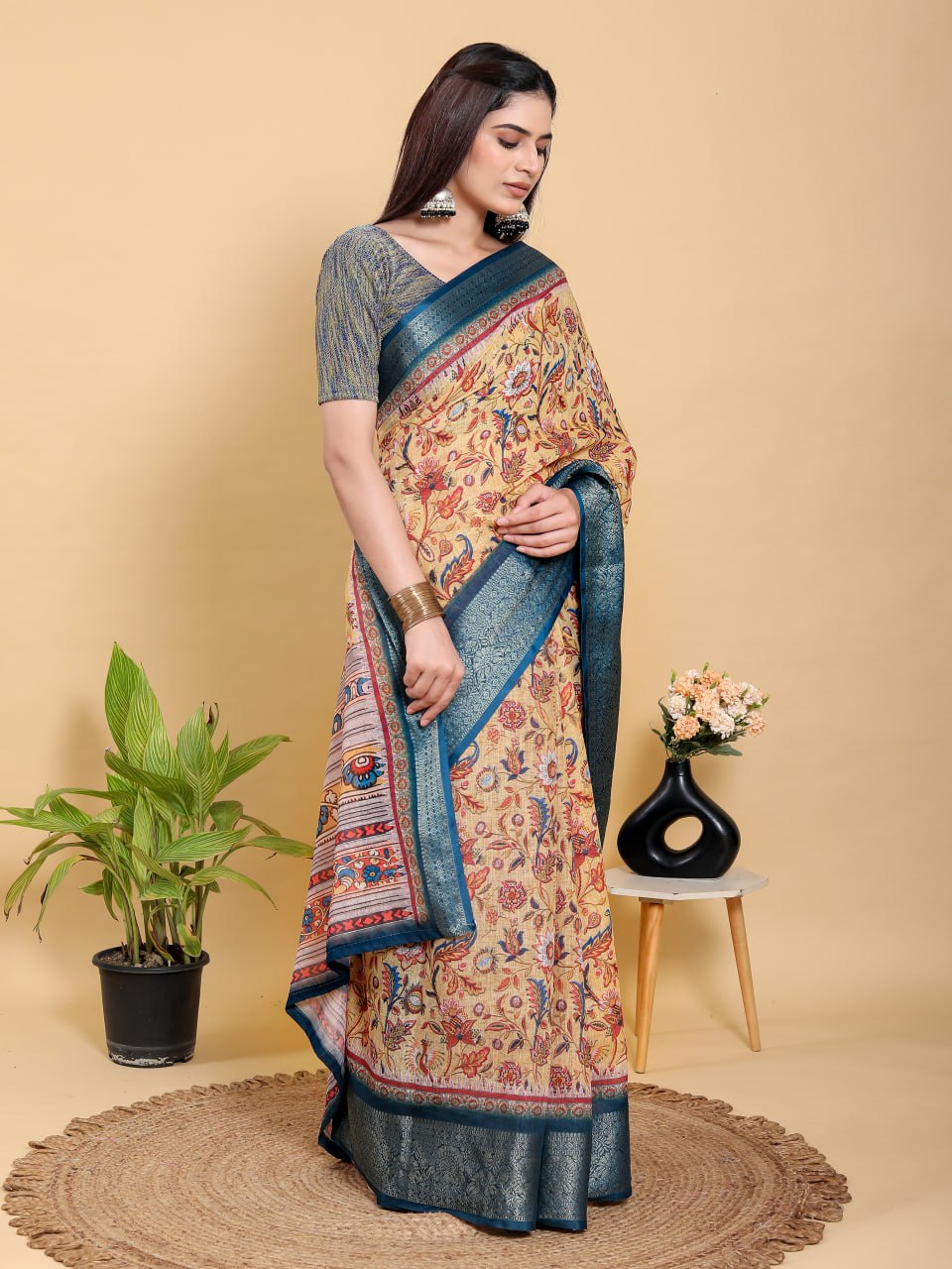 Artistic Mustard & Blue Floral Linen Cotton Saree | Kalamkari-Inspired with Jacquard Border