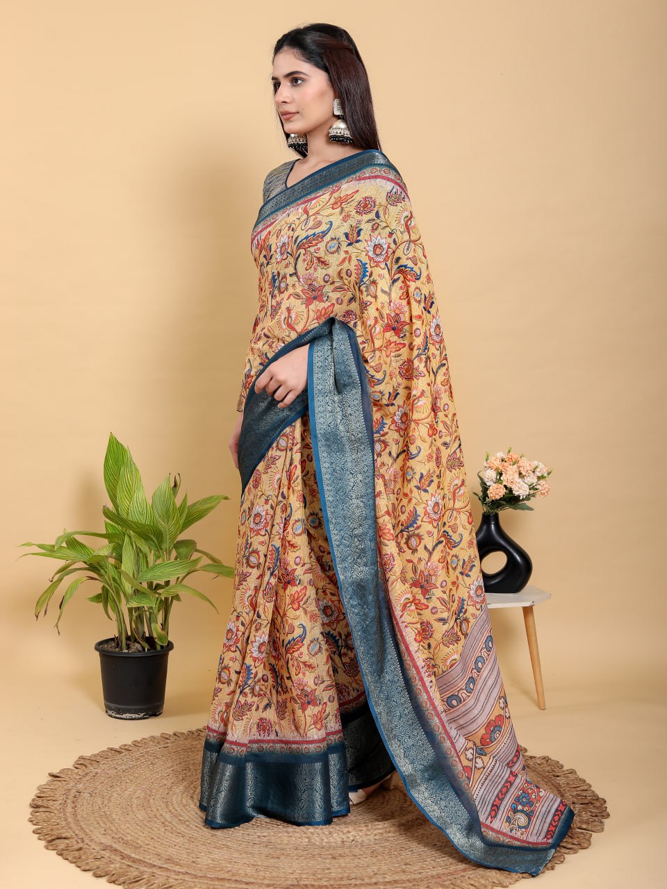Artistic Mustard & Blue Floral Linen Cotton Saree | Kalamkari-Inspired with Jacquard Border