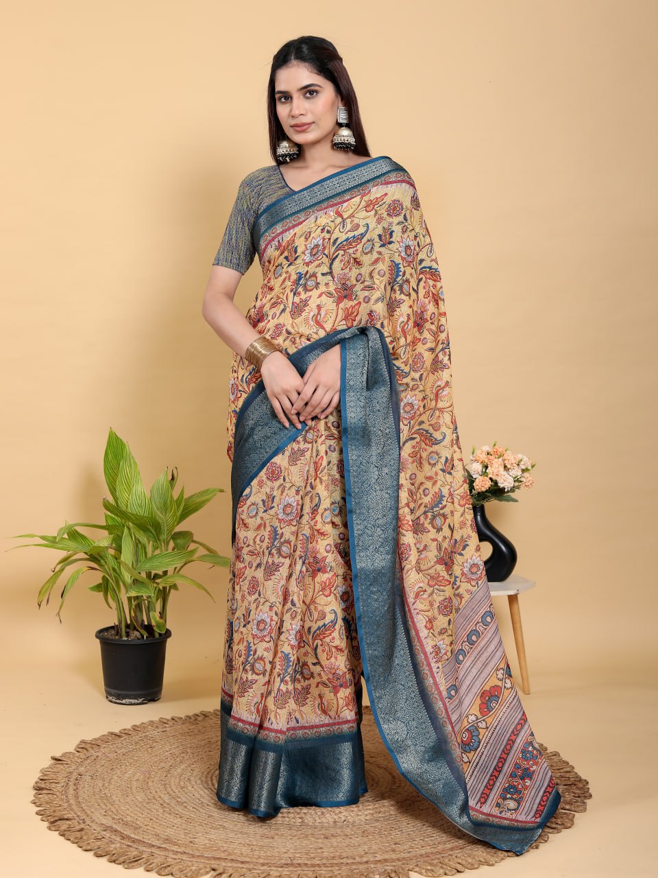Artistic Mustard & Blue Floral Linen Cotton Saree | Kalamkari-Inspired with Jacquard Border