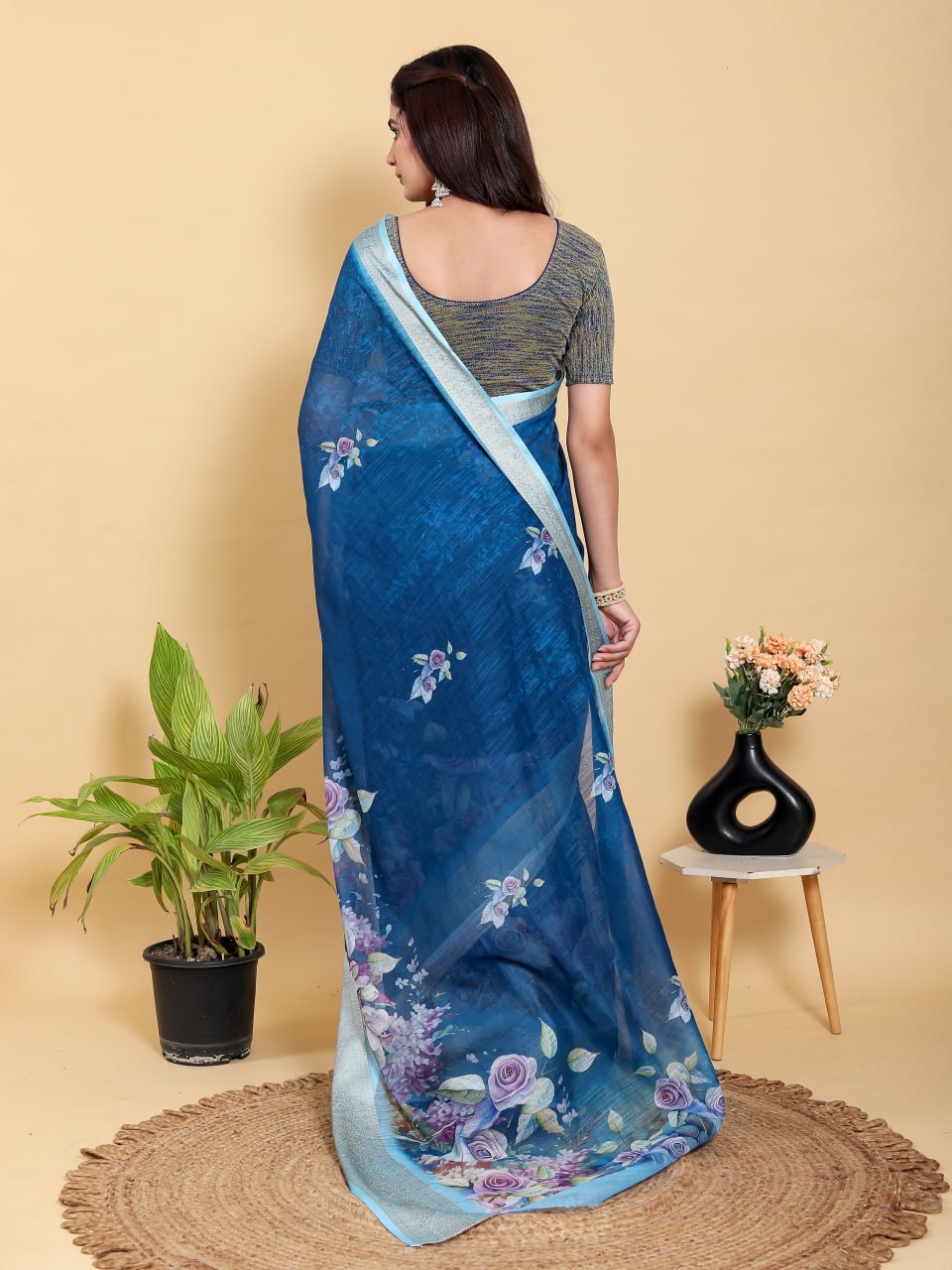 Deep Royal Blue Floral Linen Cotton Saree | Elegant Evening Wear with Jacquard Border