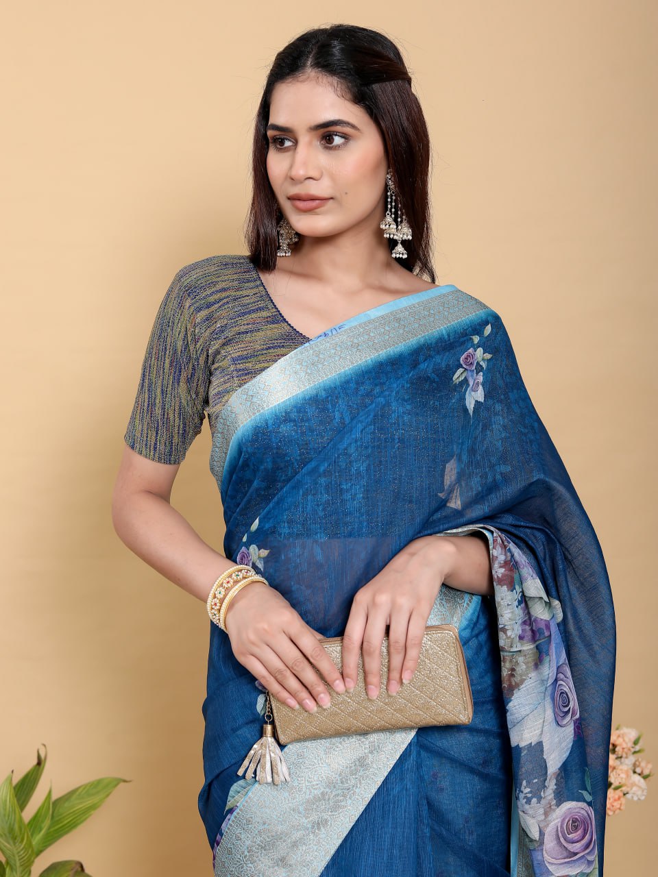 Deep Royal Blue Floral Linen Cotton Saree | Elegant Evening Wear with Jacquard Border